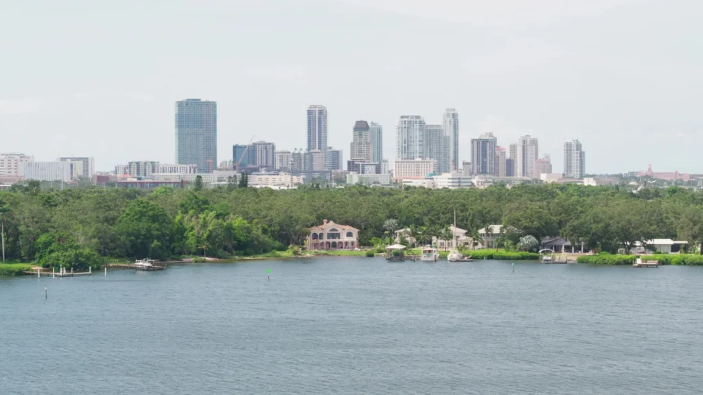 St. Petersburg Skyline Across Tampa Bay with Waterfront Mansions, Florida