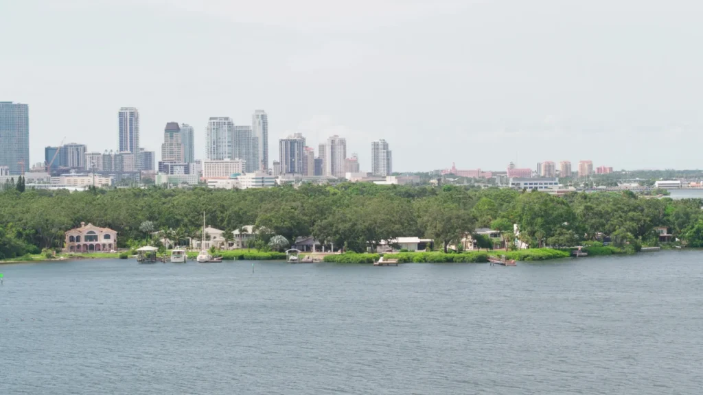 Distant View of St. Petersburg Skyline Across Tampa Bay with Waterfront Mansions, Florida