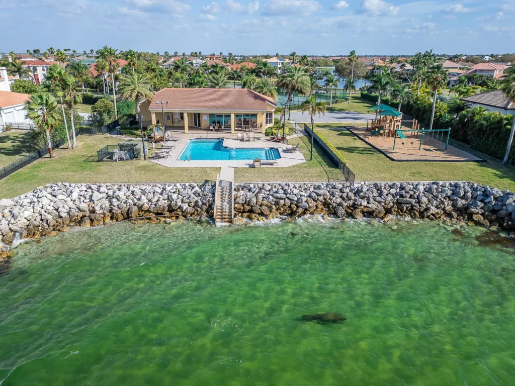 Aerial view of the Andalucia pool complex and Tampa Bay shoreline