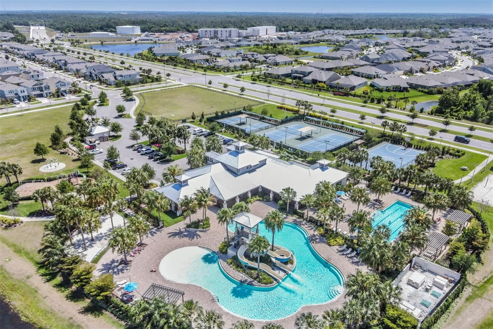 Aerial view of the Covington Park amenity center in Apollo Beach
