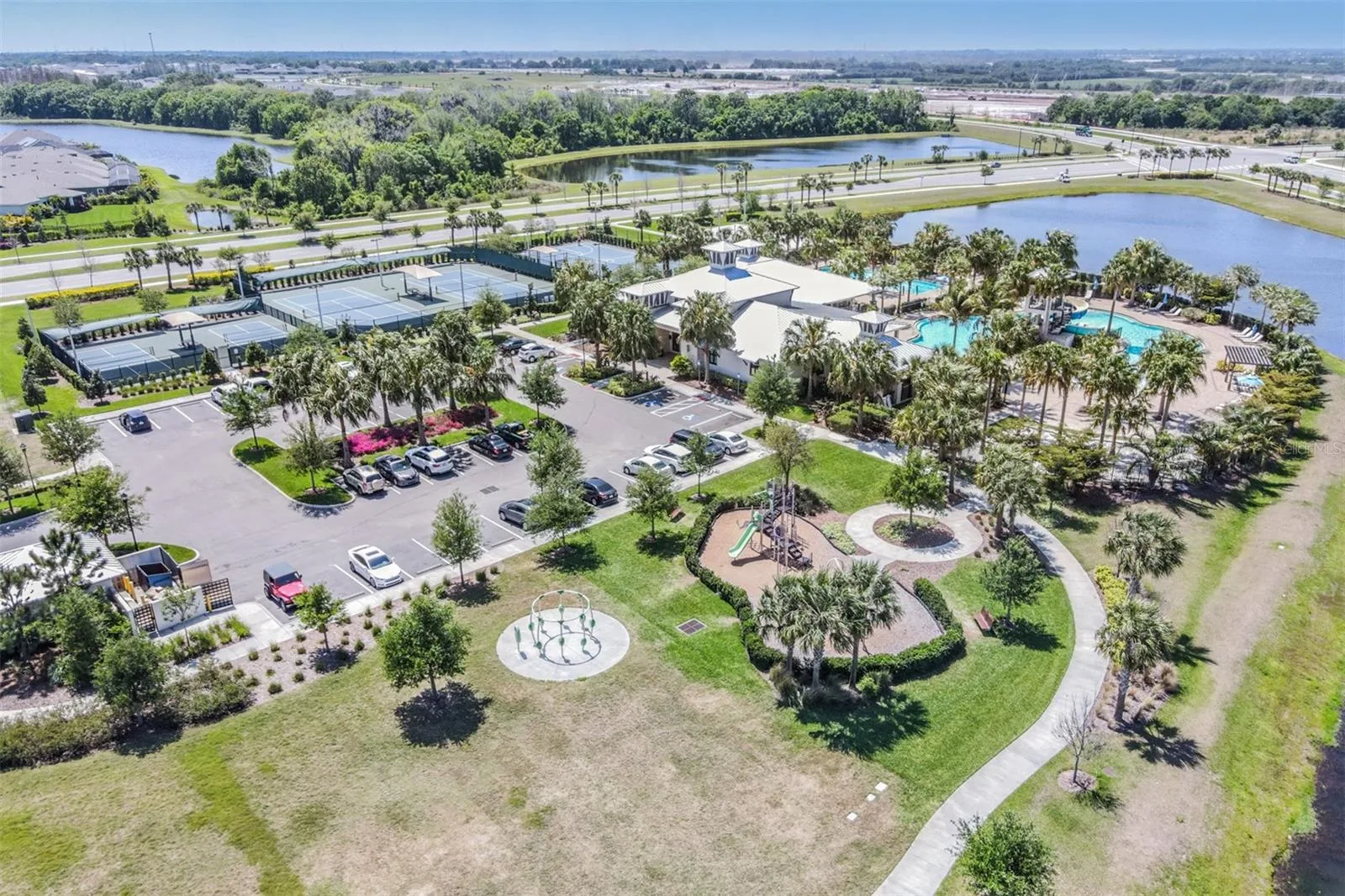 Aerial view of the green space and retention ponds at Covington Park in Apollo Beach