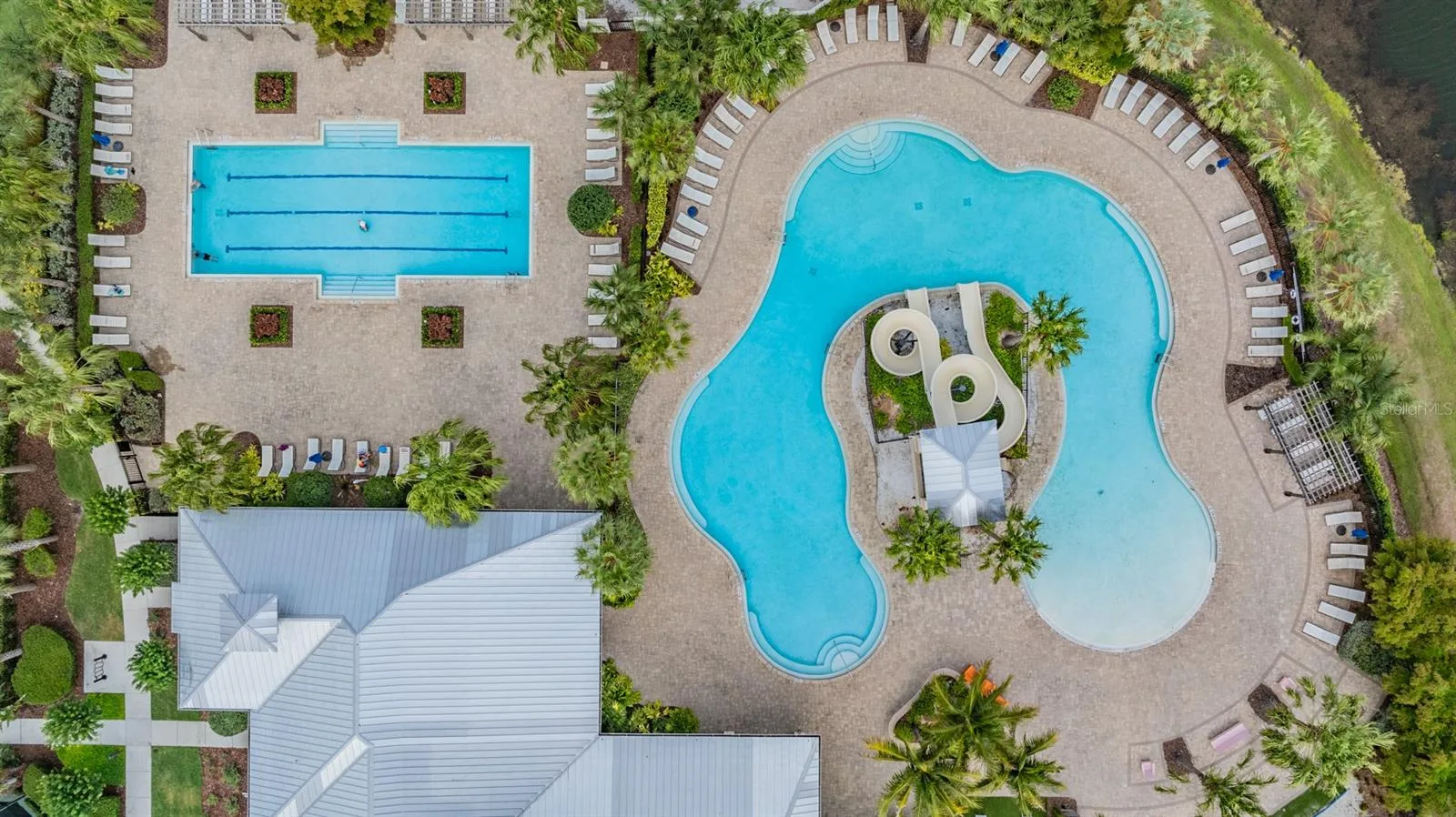 Aerial view of the pool and clubhouse at Covington Park in Apollo Beach