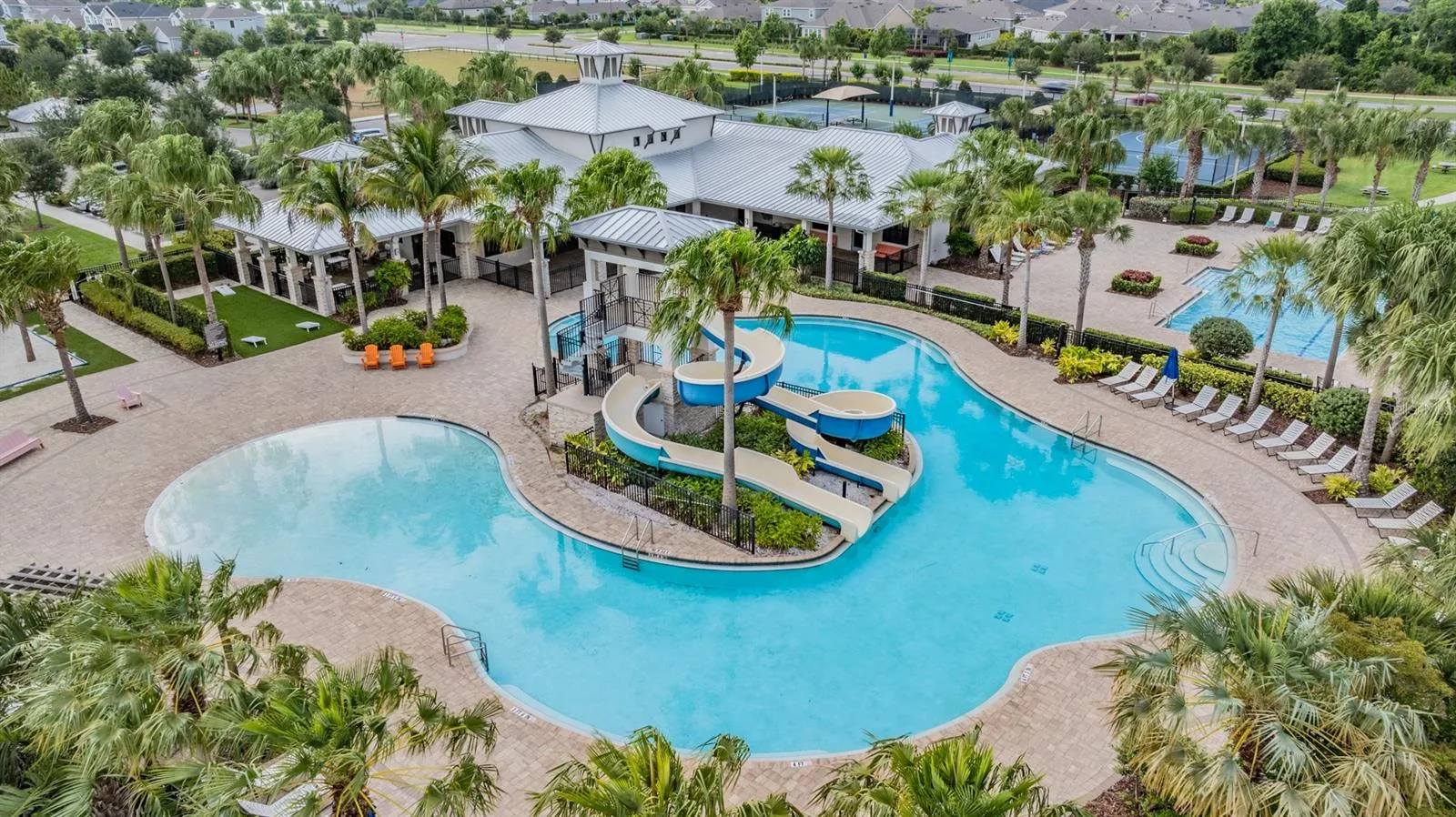 Aerial view of the resort-style pool at Covington Park in Apollo Beach