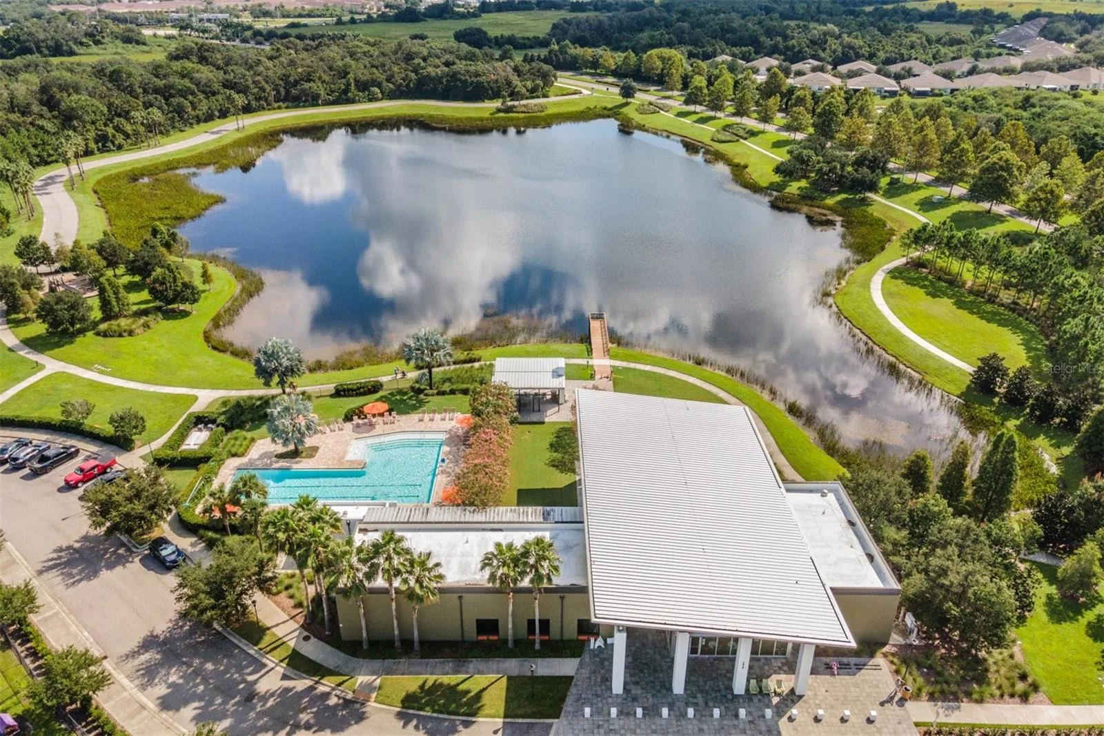 Retention pond and covered pavilion at Covington Park in Apollo Beach