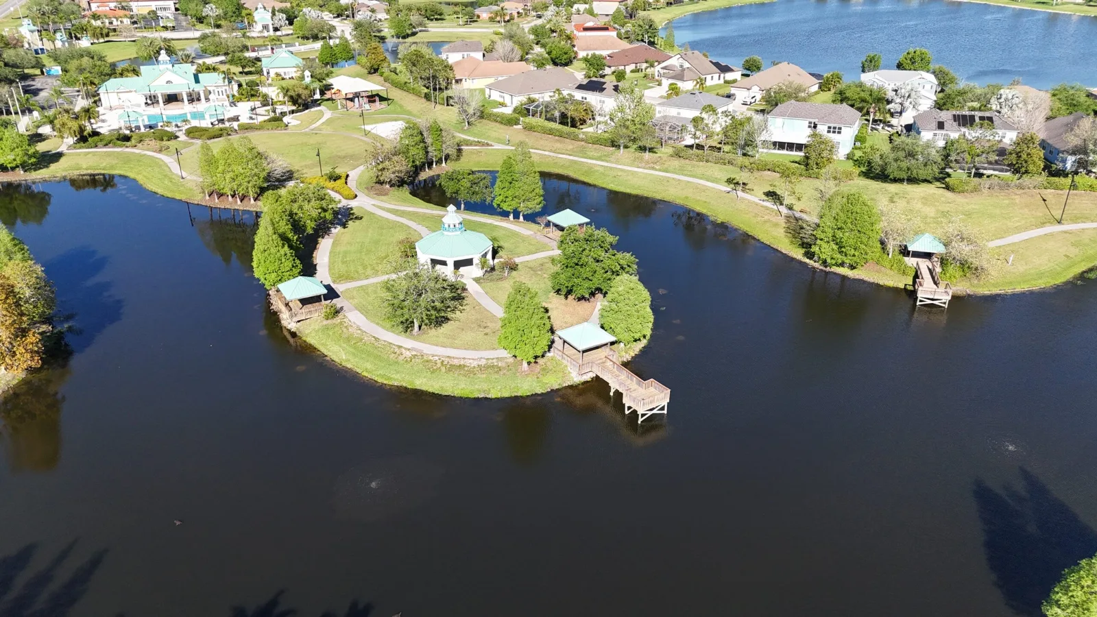 Aerial view of the lake and homes at Harbour Isles in Apollo Beach, Florida