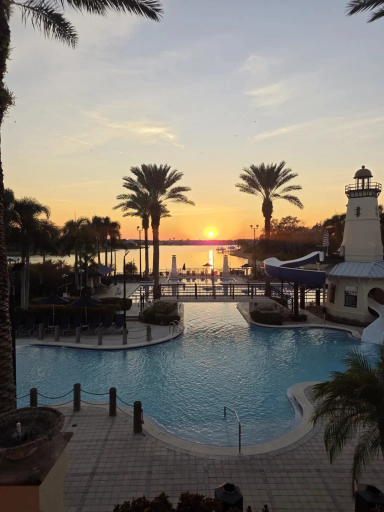 MiraBay lagoon pool and lighthouse at sunset in Apollo Beach