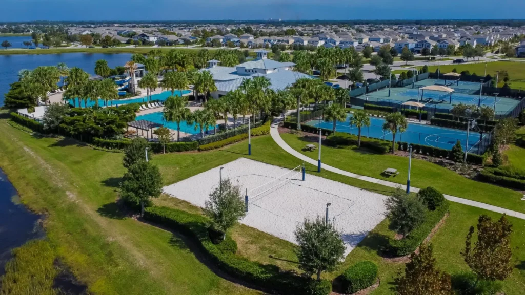 Aerial view of a Waterset clubhouse and resort pool in Apollo Beach