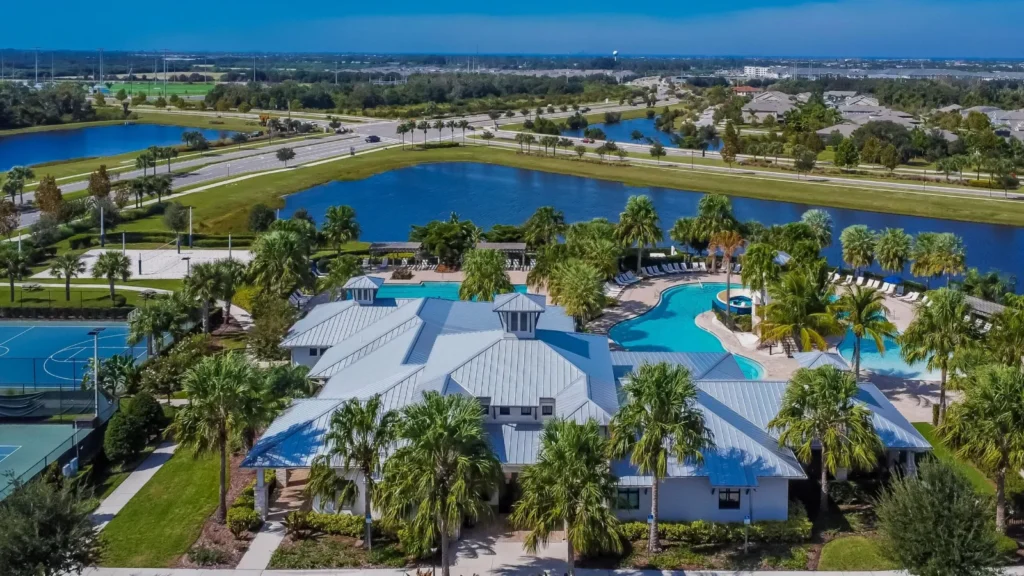 Aerial view of a Waterset clubhouse and resort pool in Apollo Beach