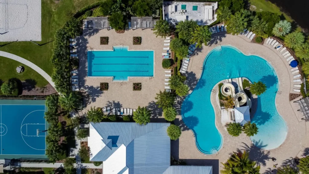Aerial view of a Waterset clubhouse and resort pool in Apollo Beach