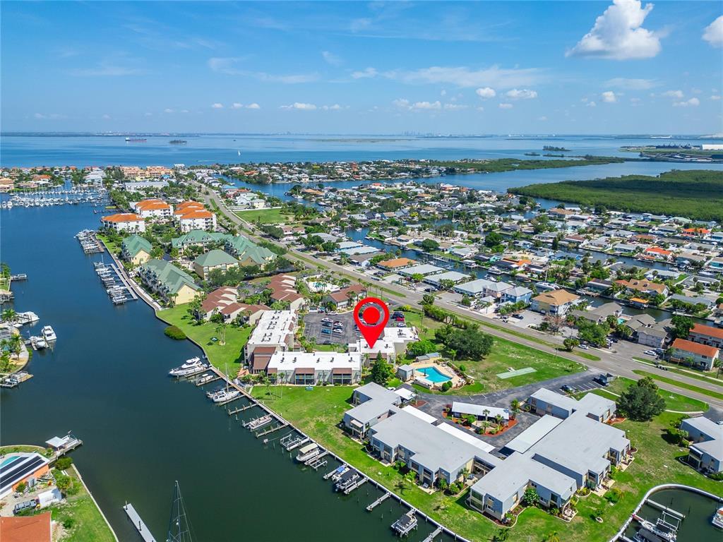 Aerial view of Anchor Point condos on the water in Apollo Beach