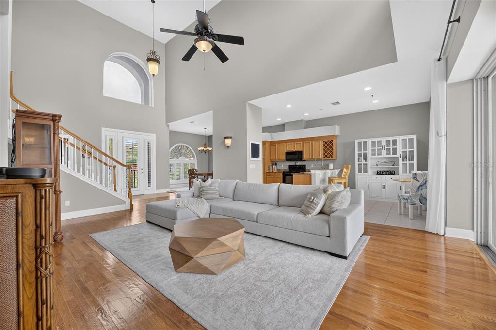 Family room with soaring ceilings