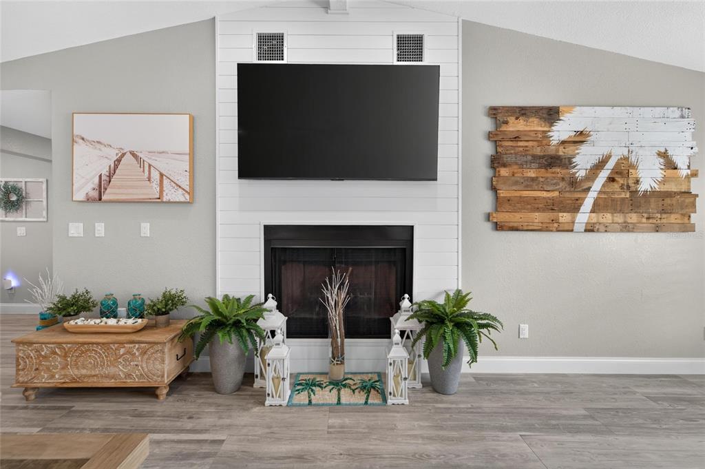 Wood-burning fireplace in the living room