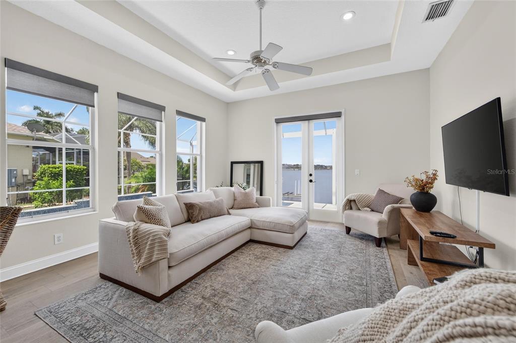 Open family room with soaring ceilings