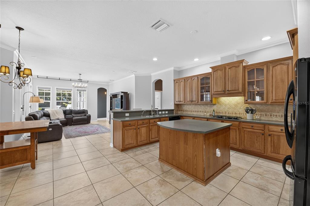 Kitchen with stone counters, solid wood cabinets and gas cooktop