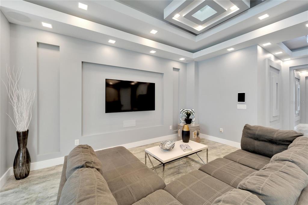 Open living room with tray ceiling
