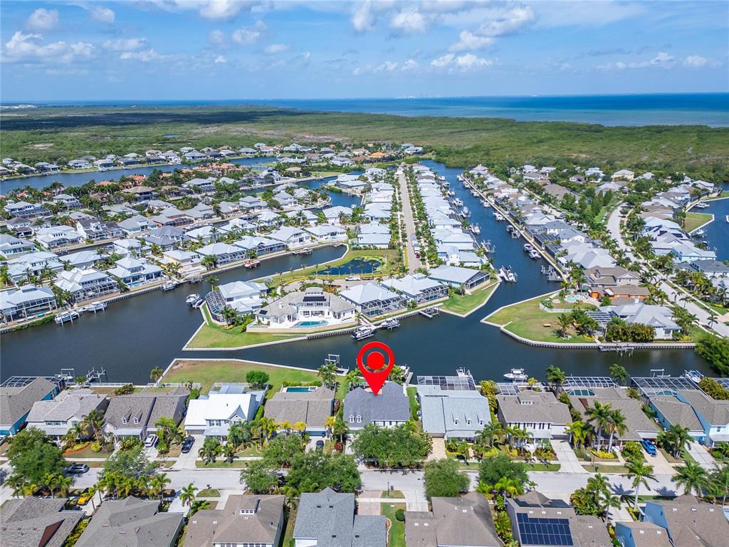 Aerial view of the MiraBay canals toward Tampa Bay
