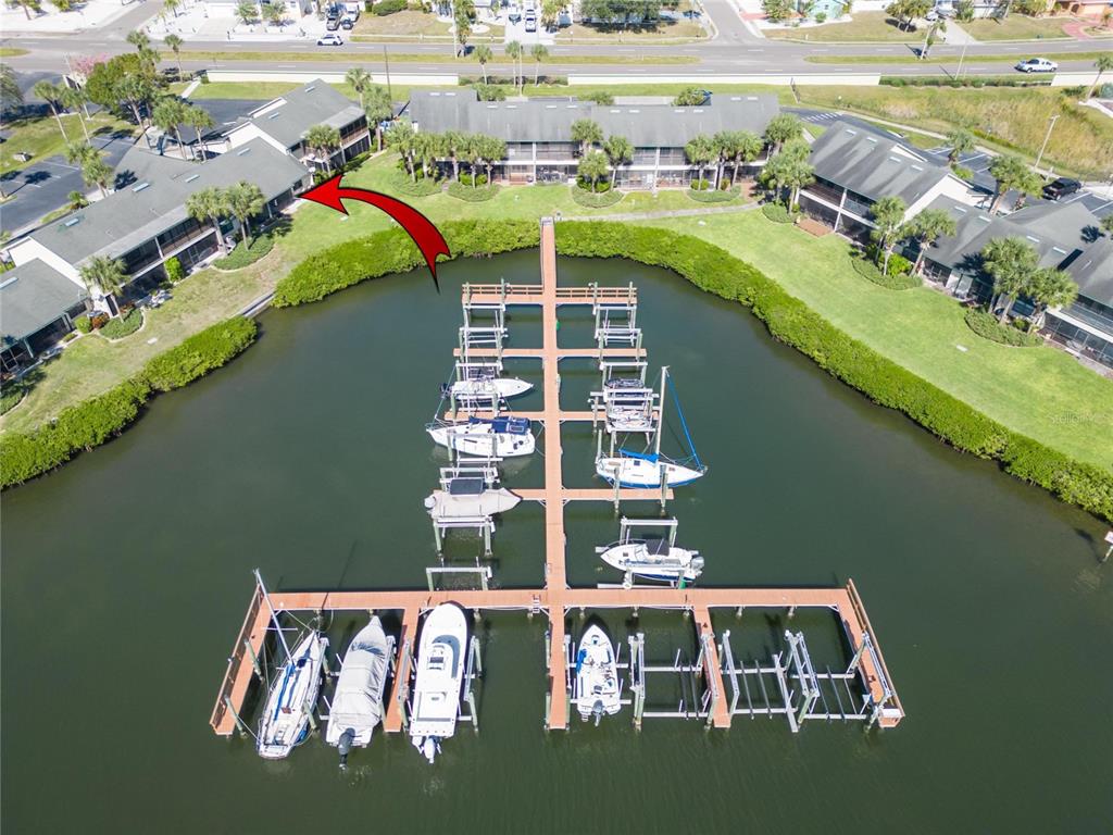 Aerial view of the Yardarm boat slips on Flamingo Canal