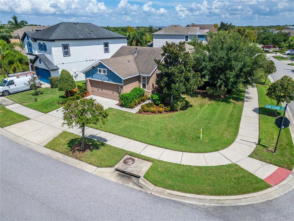 Aerial view of the fenced corner lot
