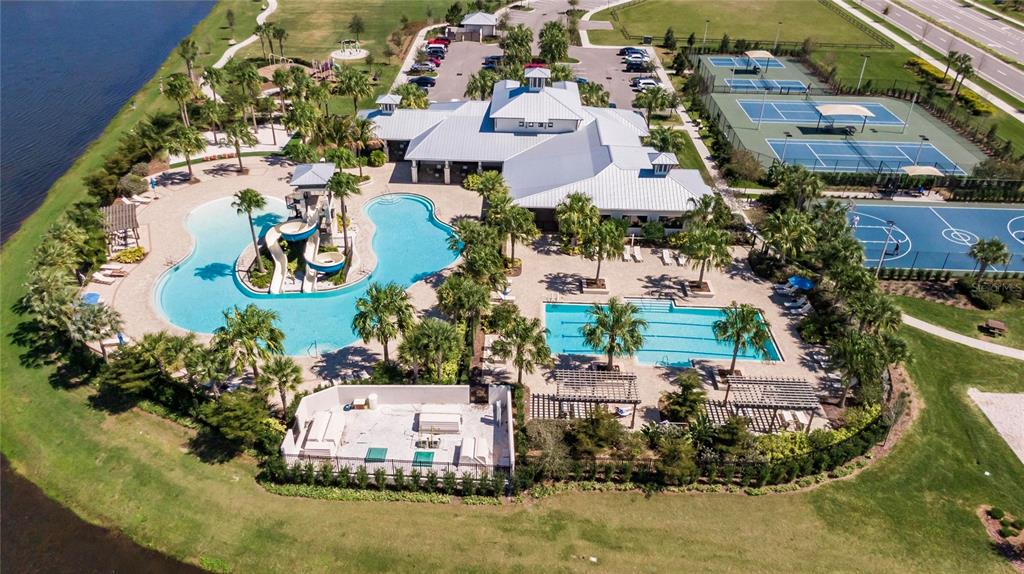 Aerial view of a Waterset resort pool