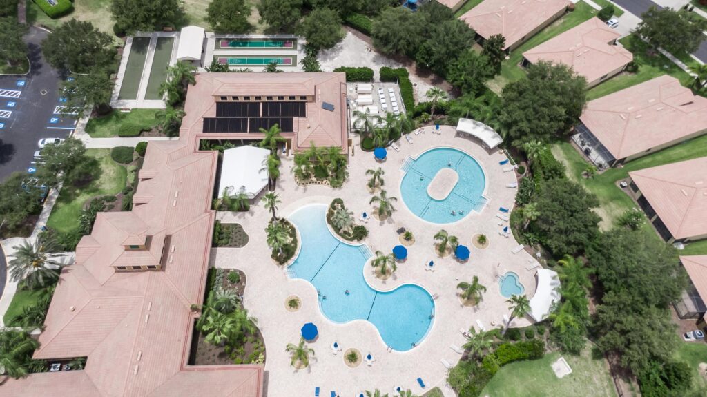 Aerial of the lagoon-style pool and spa at Del Webb Southshore Falls, Apollo Beach