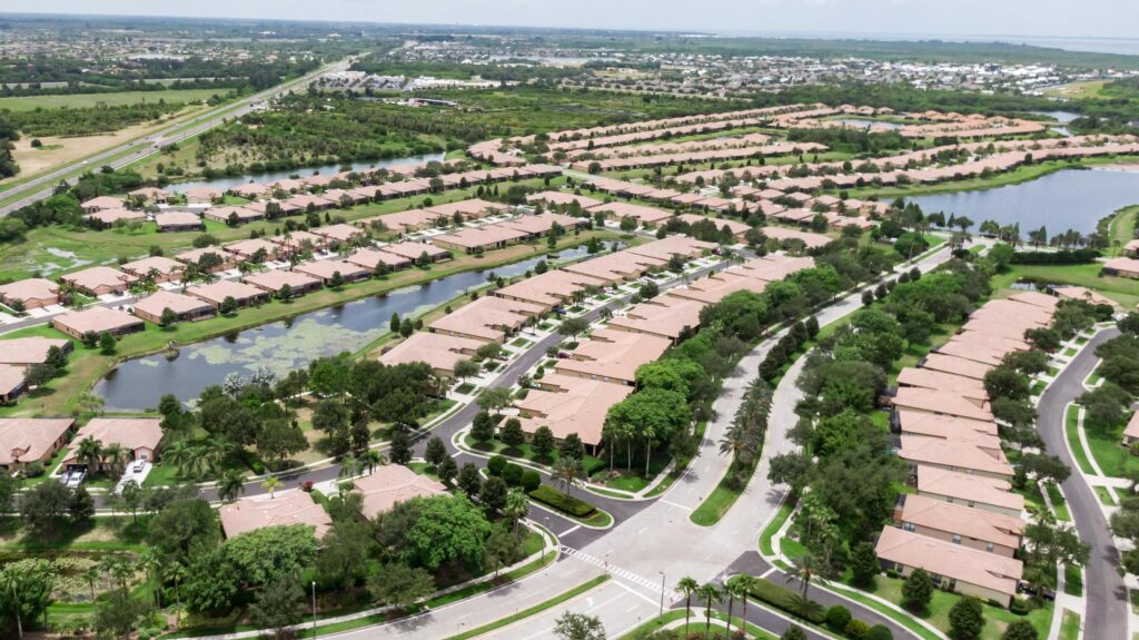 Aerial of Del Webb Southshore Falls homes and ponds, Apollo Beach