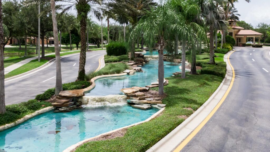 Waterfall water feature at the Del Webb Southshore Falls entrance, Apollo Beach