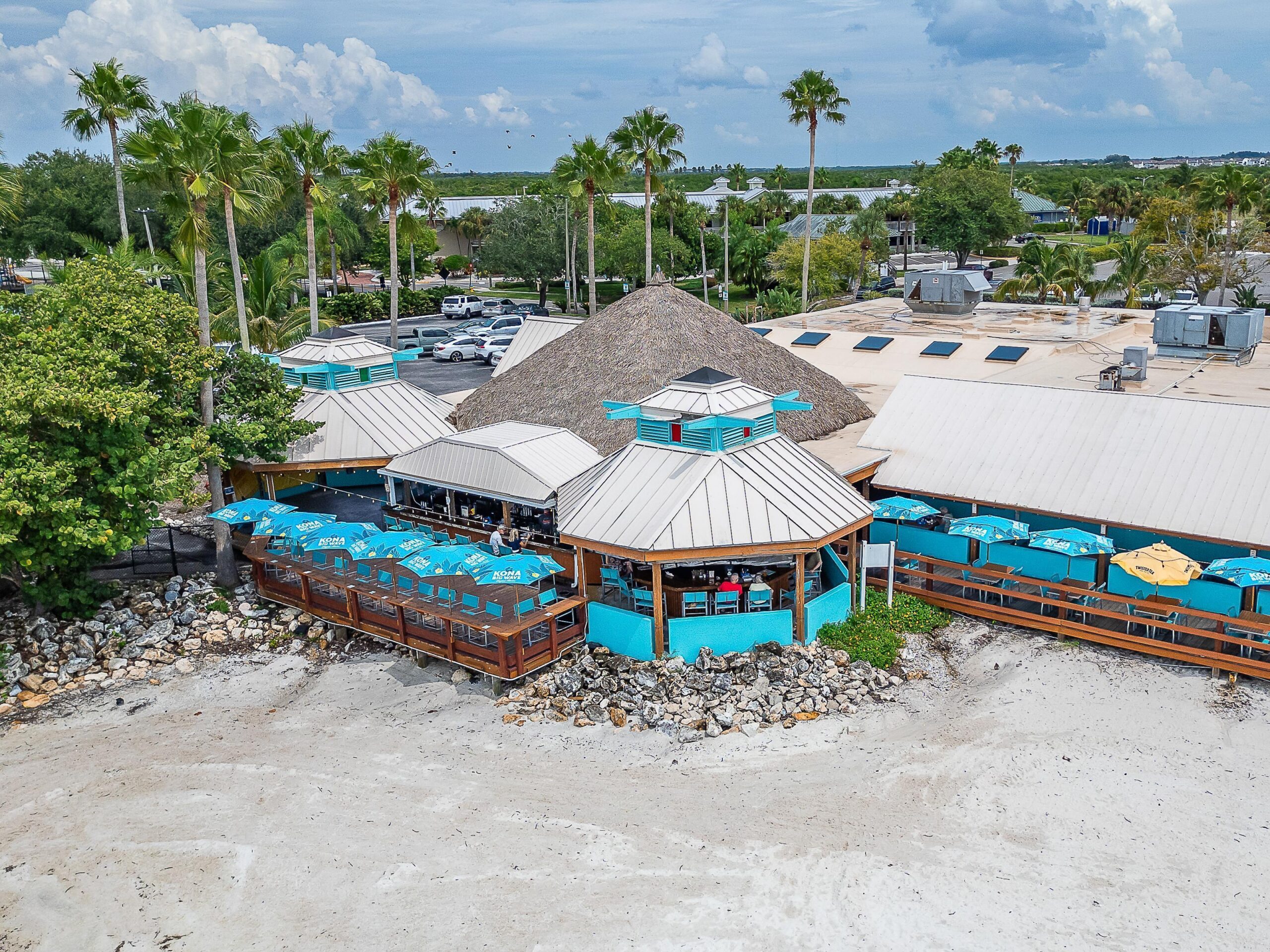 Beach bar and restaurant from above at Little Harbor in Ruskin, Florida on Tampa Bay