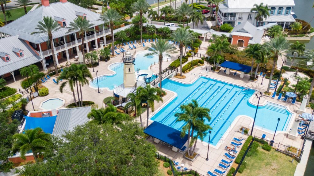 Aerial of the MiraBay amenity complex and resort pool in Apollo Beach, Florida