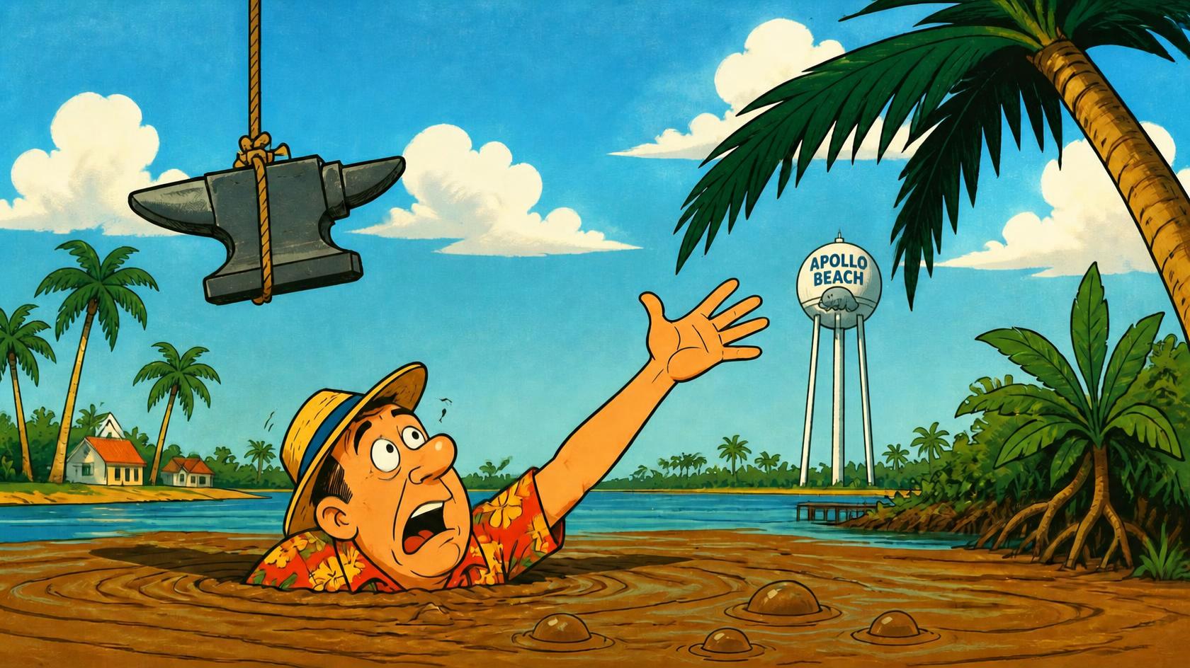 Retro cartoon of a man stuck in quicksand reaching for a palm frond, with the Apollo Beach water tower and a manatee in the background